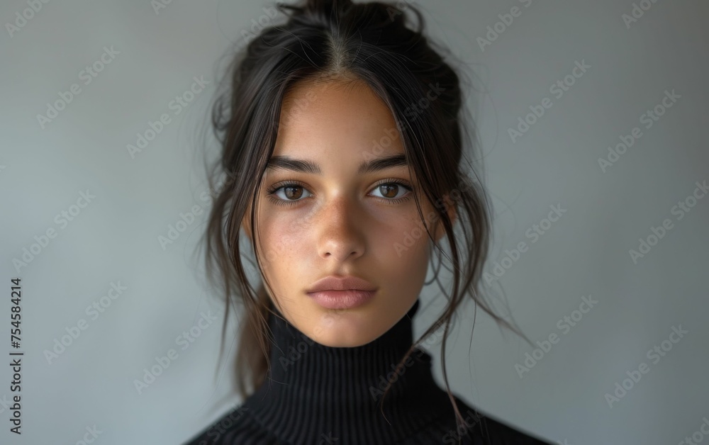 A woman with brown hair and a black sweater. She has a serious expression on her face. Concept of determination and focus A woman with brown hair and a black sweater. She has a serious expression on her face. Concept of determination and focus