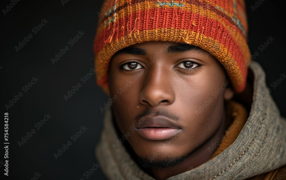 A man with a red and orange hat and a brown hoodie. He has a beard and a mustache A man with a red and orange hat and a brown hoodie. He has a beard and a mustache