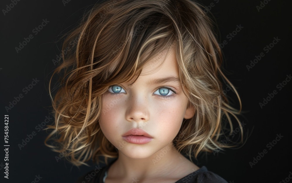 A young girl with brown hair and blue eyes is standing in front of a black background. She has a light blue shirt on A young girl with brown hair and blue eyes is standing in front of a black background. She has a light blue shirt on