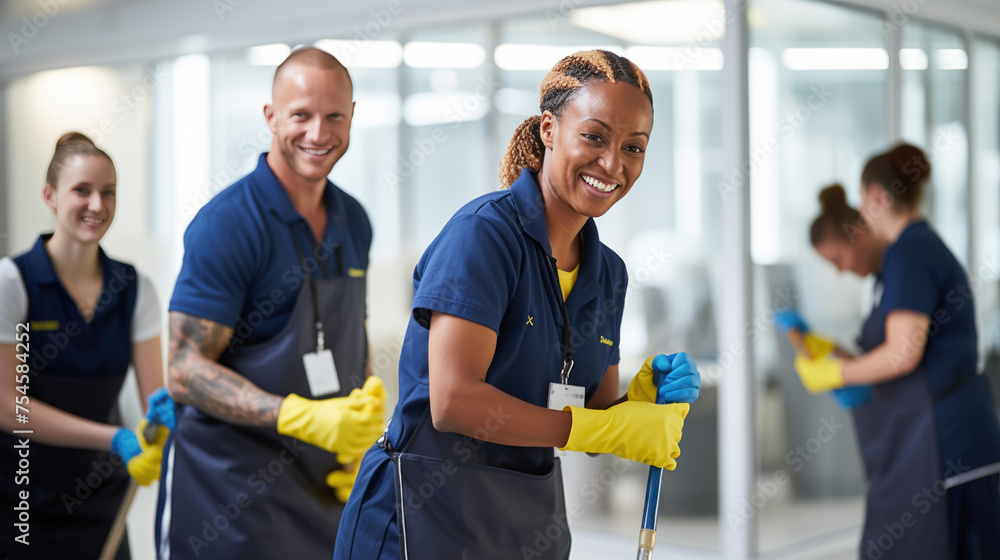 Smiling woman and man in a cleaning service uniform with colleagues in the background, indicating a professional cleaning team at work. Smiling woman and man in a cleaning service uniform with colleagues in the background, indicating a professional cleaning team at work.