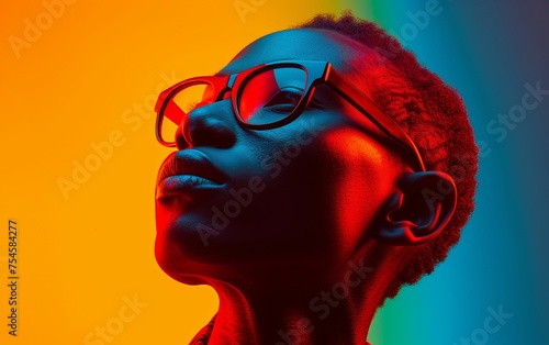 A woman with glasses is looking at the camera. The image has a bright, colorful background that contrasts with the woman's face. Scene is cheerful and lively