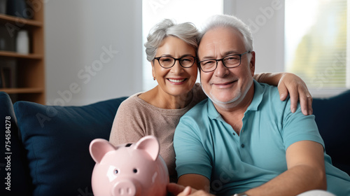 Cheerful senior couple sitting closely together on a sofa, holding a piggybank, symbolizing financial security and savings in their retirement years.