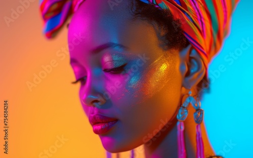A woman with a colorful scarf on her head and a lot of glitter on her face. The image has a bright and colorful mood, and it seems like the woman is getting ready for a party or a special event