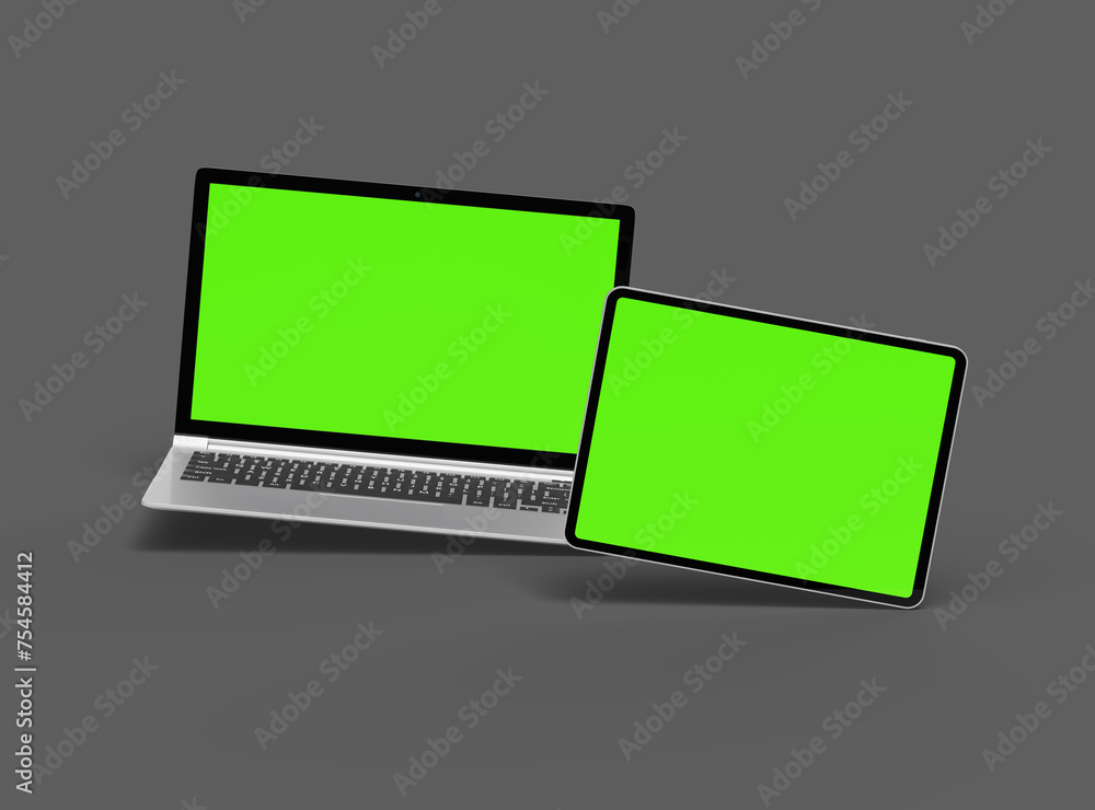 3d render of laptop and tablet with green screen on a dark background 3d render of laptop and tablet with green screen on a dark background