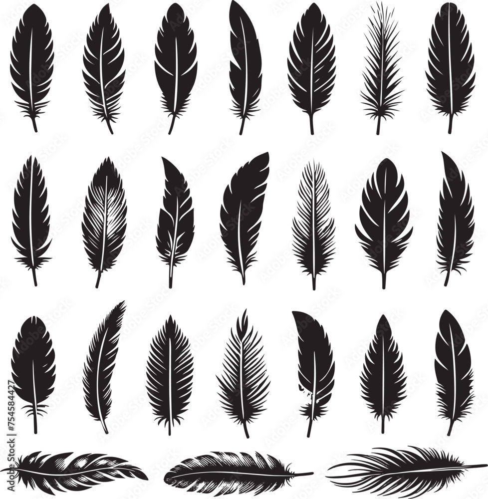 Feather icons. Set of black feather icons isolated. Feather silhouettes Feather icons. Set of black feather icons isolated. Feather silhouettes