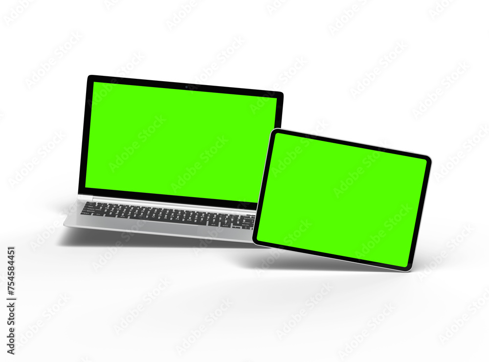 3d render of laptop and tablet with green screen on a transparent background 3d render of laptop and tablet with green screen on a transparent background