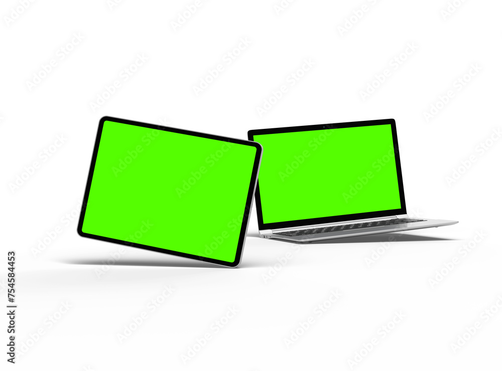 3d render of laptop and tablet with green screen on a transparent background 3d render of laptop and tablet with green screen on a transparent background