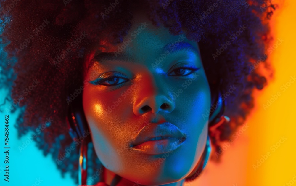 A woman with curly hair and a dark complexion is looking at the camera. The lighting is colorful and the woman's face is the main focus of the image