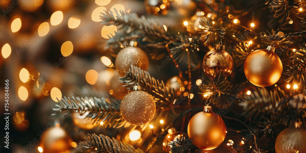 Golden Christmas decorations shining on a festive tree with glowing bokeh lights in the background Golden Christmas decorations shining on a festive tree with glowing bokeh lights in the background