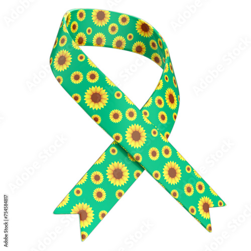 3D Green Ribbon with Sunflowers for Autism Awareness Campaign, April Blue, Transparent Background