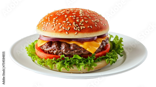 Classic Cheeseburger on a plate isolated on transparent png background. Generative ai