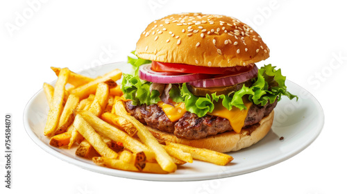 Classic Cheeseburger on a plate isolated on transparent png background. Generative ai