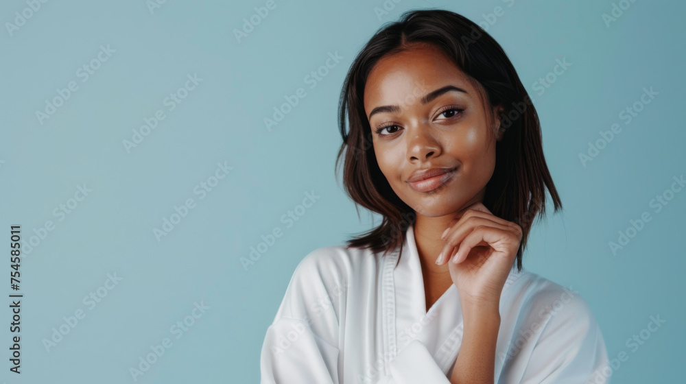 confident young woman with a subtle smile, posing with her hand on her chin against a blue background. confident young woman with a subtle smile, posing with her hand on her chin against a blue background.