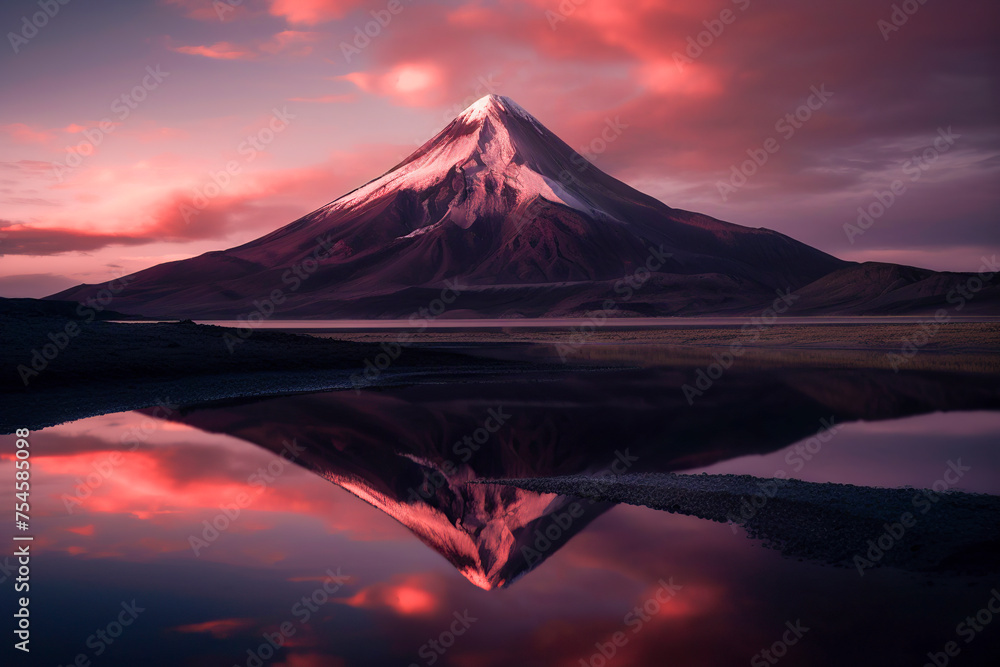 a majestic snow-capped mountain reflected in a tranquil lake under a vibrant pink and purple sunset sky a majestic snow-capped mountain reflected in a tranquil lake under a vibrant pink and purple sunset sky