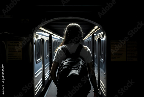 woman walking towards a brightly lit train station platform, creating a contrast of light and dark