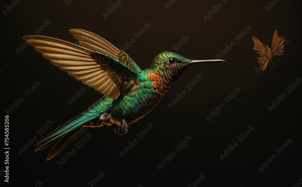 Fototapeta premium Hummingbird in flight hunting food black background