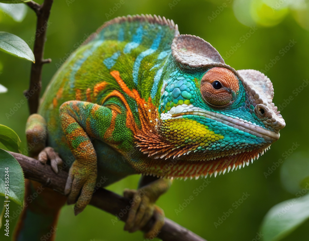 Obraz premium A close-up of a cute chameleon, a unique, colorful, scaled reptile known for its ability to change color and its long, sticky tongue