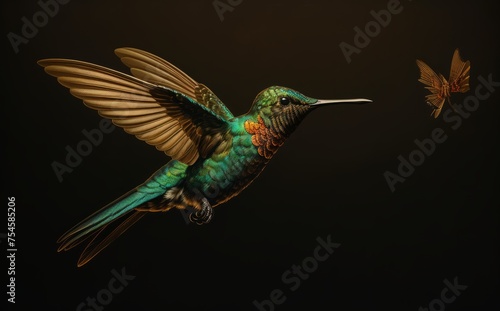 Hummingbird in flight hunting food black background