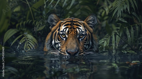 Portrait of a asian tiger silent in the nature deep jungle. AI generated image