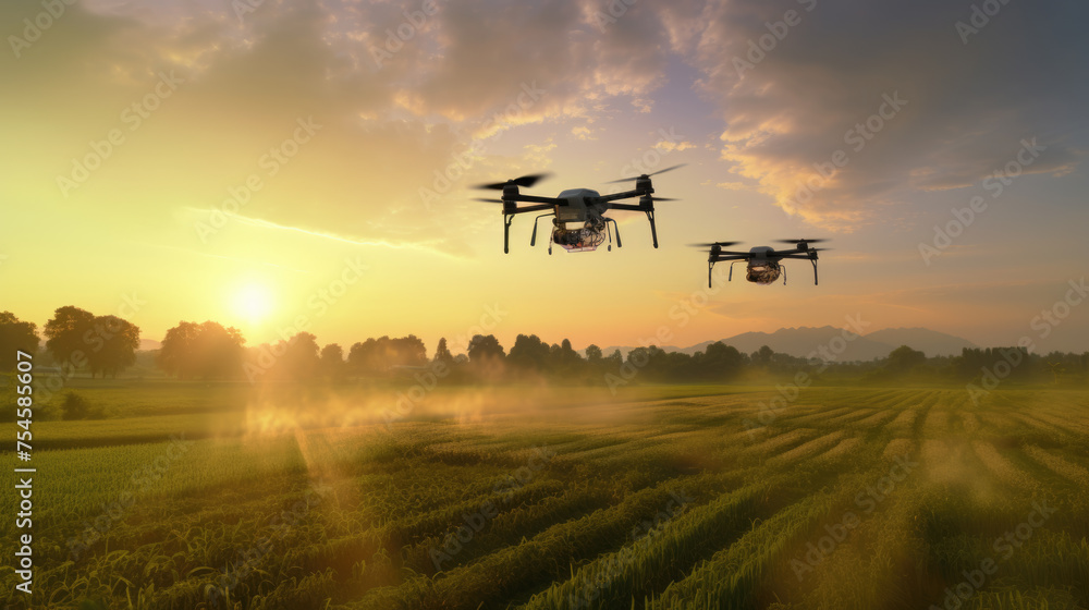 Drones flying over a golden wheat field at sunrise, with a serene rural landscape in the background. Drones flying over a golden wheat field at sunrise, with a serene rural landscape in the background.