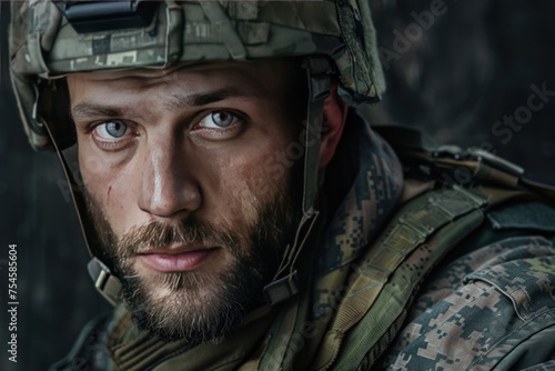 A man in a military uniform with a helmet on his head. He has a beard and a mustache. Concept of International Day of United Nations Peacekeepers