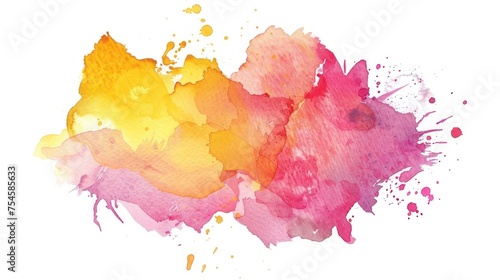 Abstract pink and yellow watercolor splashing on white background. AI generated image
