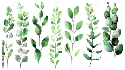 Illustration set collection of tropical green eucalyptus greenery in watercolor style. AI generated