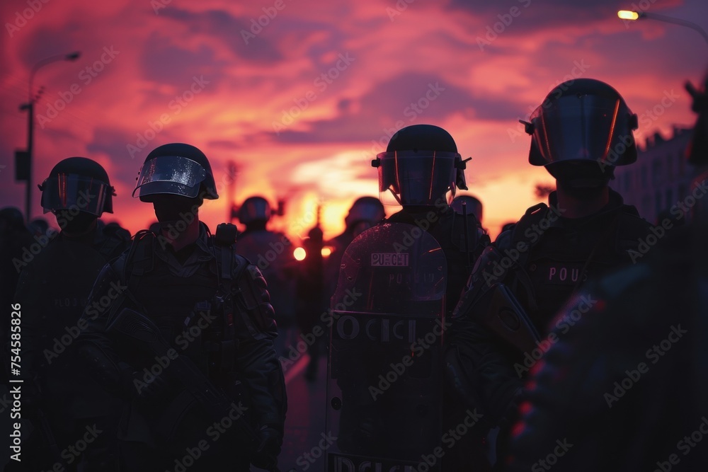 A group of police officers stand in front of a sunset. The sky is orange and pink, and the sun is setting. Concept of International Day of United Nations Peacekeepers A group of police officers stand in front of a sunset. The sky is orange and pink, and the sun is setting. Concept of International Day of United Nations Peacekeepers