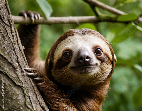 A close-up of a cute Sloth, also known as Bradypus, is a unique and fascinating mammal, famous for its proverbial slowness