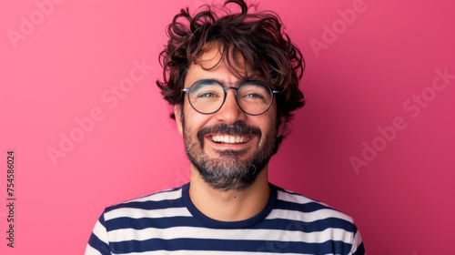 A young man in glasses with a joyful expression and a casual striped shirt stands against a vibrant pink background.
