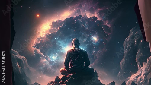 Meditative Buddha in a Lotus Pose cosmic background and with mandala sky 3d footage. Sacred and spiritual video photo