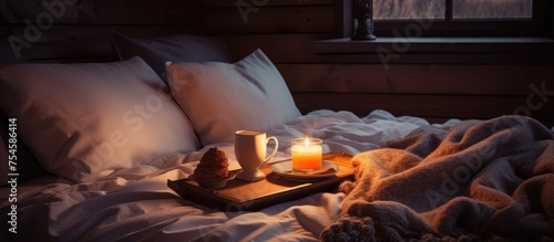 A tray holding two lit candles resting on a neatly made bed next to a cup of tea on a bedside table accompanied by a lamp.