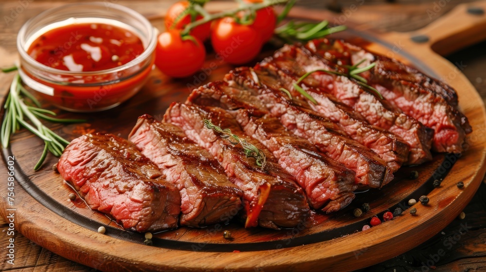 Delicious grilled sliced Beef Steak with sauce tomatoes and rosemary on a wood plate. AI generated