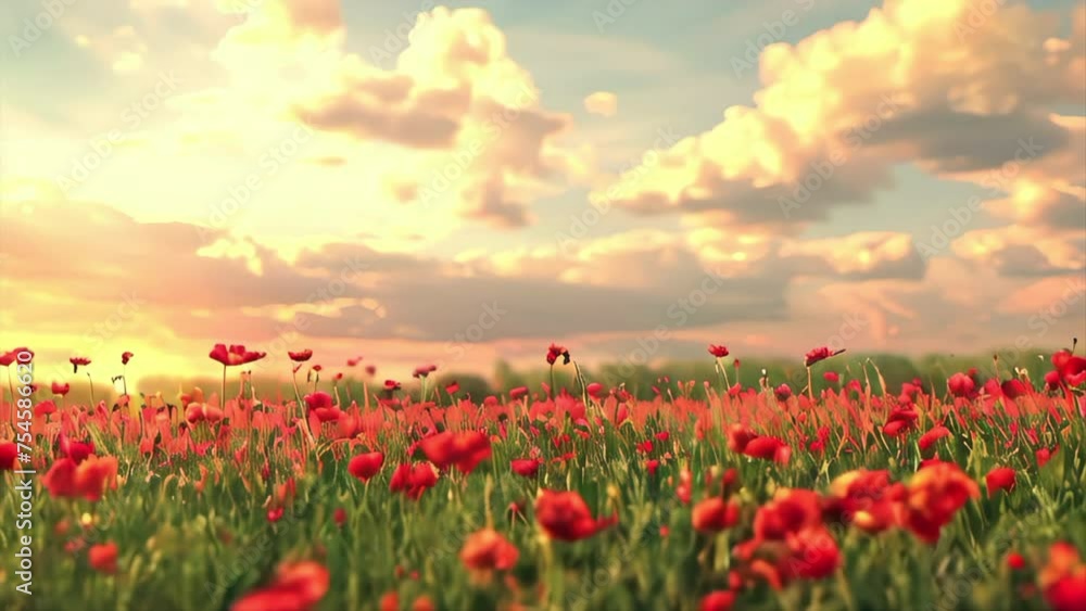 Landscape of a beautiful poppy field at sunset. 3d animation