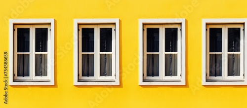 A yellow building with three windows and a bench in front of it. The building has a white wall and a simple yet charming appearance.