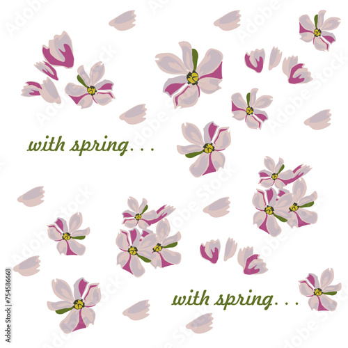 Pattern of delicate purple hyacinth flowers. Background based on inflorescences, leaves and buds of delicate spring flowers. Botanical drawing