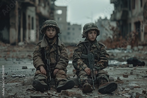 Two young boys in military uniforms sit on the ground in a bombed out city. Concept of International Day of United Nations Peacekeepers