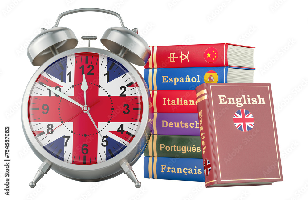 English course, lessons concept. Books with alarm clock. Time to learn English language, 3D rendering isolated on transparent background