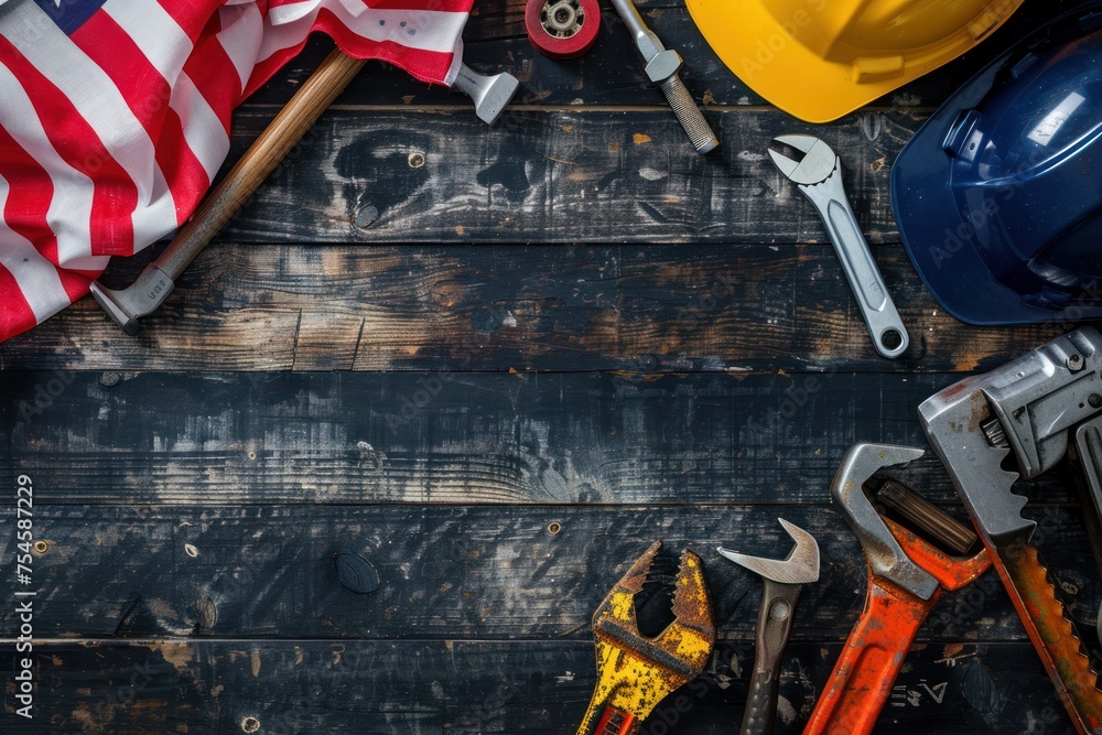 A wood table with a hammer, wrench, and other tools on it. Concept of international workers' day A wood table with a hammer, wrench, and other tools on it. Concept of international workers' day
