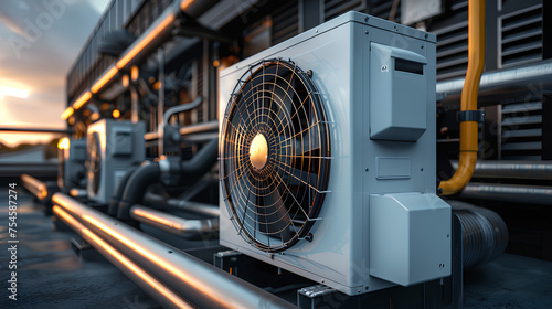 Industrial air conditioning unit with large fan and pipes on a building rooftop