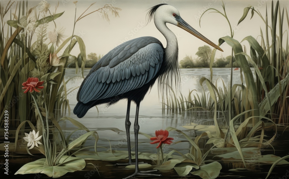 Fototapeta premium Heron at the river hunting for food.