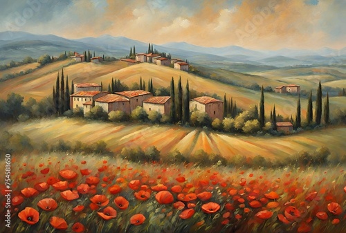 Landscape with red Poppy flowers growing in Tuscany, Italy. Old rustic village buildings on the hills with wheat fields and trees illustration 