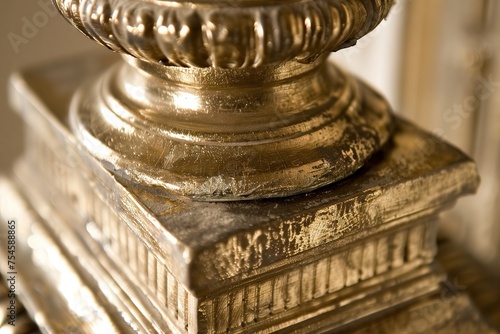 Close-up of a golden painted baluster on a staircase, showcasing intricate details.