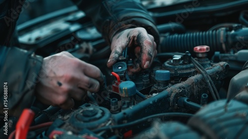 The intimate process of charging an accumulator, with hands and terminals in focus, speaks to the essence of car servicing photo