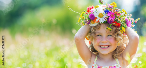 Fototapeta Naklejka Na Ścianę i Meble -  portrait of a little girl smiling wearing flower wreath on her head outside in a field on a sunny summer day, banner with copy space