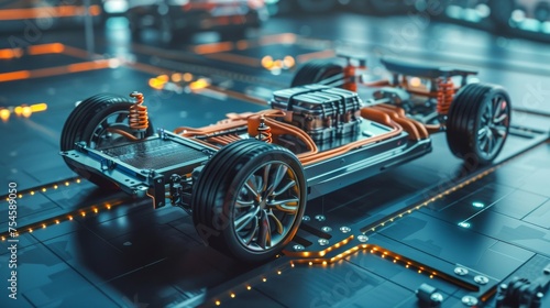 The power and connectivity of an electric car's lithium battery pack are showcased, underlining innovation in automotive engineering 