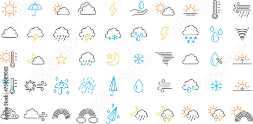 カラーの天候の線画イラストセット