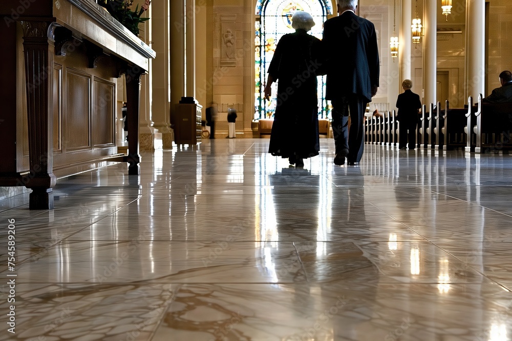 Low angle view of a church interior with people walking, focused on the glossy floor.
