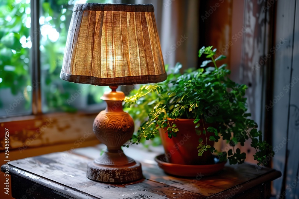 A cozy table corner featuring a lit lamp and a lush potted plant by a window, evoking warmth and tranquility. A cozy table corner featuring a lit lamp and a lush potted plant by a window, evoking warmth and tranquility.