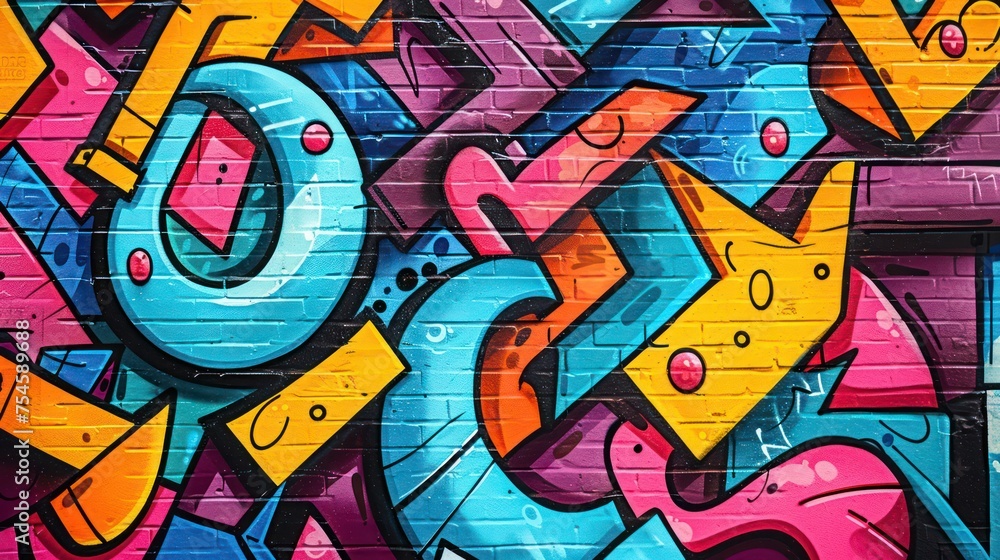 Abstract urban graffiti pattern featuring vibrant colors, dynamic lettering, and street art elements